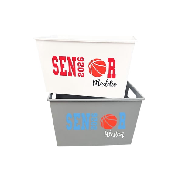 Personalized Basketball Sports Graduation Gift Basket - Senior 2026 Grad - Name Team Bin - Rectangle 9.5x6x7.5 Inches or Square 10x10x7 Inches
