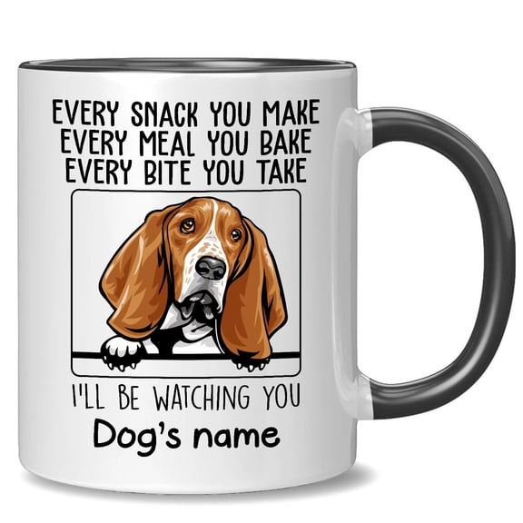 Personalized Basset Hound Accent Mug, Every Snack You Make I'll Be Watching You, Customized Dog Coffee Mugs for Mom Dad, Custom Dog's Name, Ideas Gifts for Mothers Day, Fathers Day