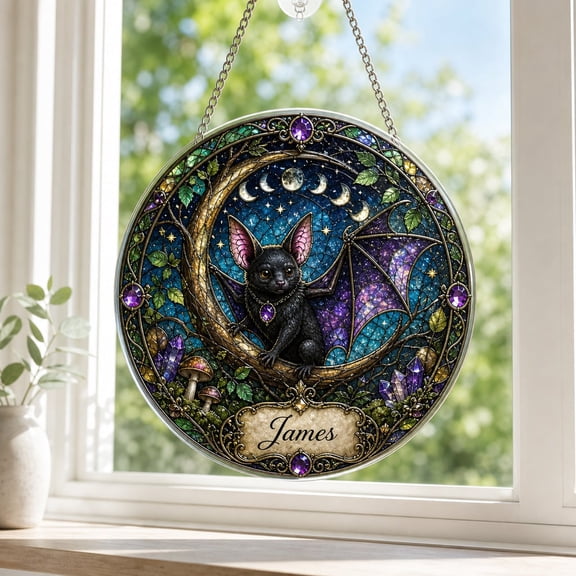 Personalized Bat Suncatcher Gothic Moon Acrylic Window Hanging Halloween