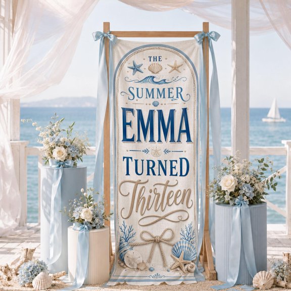 Personalized Beach Birthday Linen Banner, Custom Summer Fabric Backdrop for Milestone Party Decor