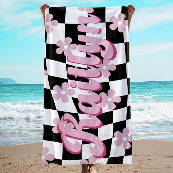 Personalized Beach Towel with Name, Custom Flower Beach Towel, Customized Microfiber Pool Towel, Quick Dry & Absorbent Swim Towel for Adult,Mother''s Day, Birthday, Summer Holiday,Vacation