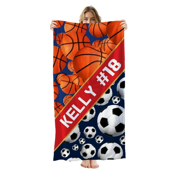 Personalized Beach Towels for Kids - Custom Beach Towels with Name- Ultra Absorbent Super Soft Swimming Towels, Customized Bath/Pool/Beach Towel for Boys and Girls(Basketball & Football)