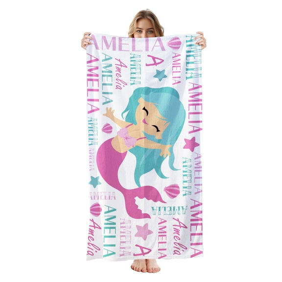 Personalized Beach Towels for Kids - Custom Beach Towels with Name- Ultra Absorbent Super Soft Swimming Towels for Kids, Customized Bath/Pool/Beach Towel for Girls (Mermaid)