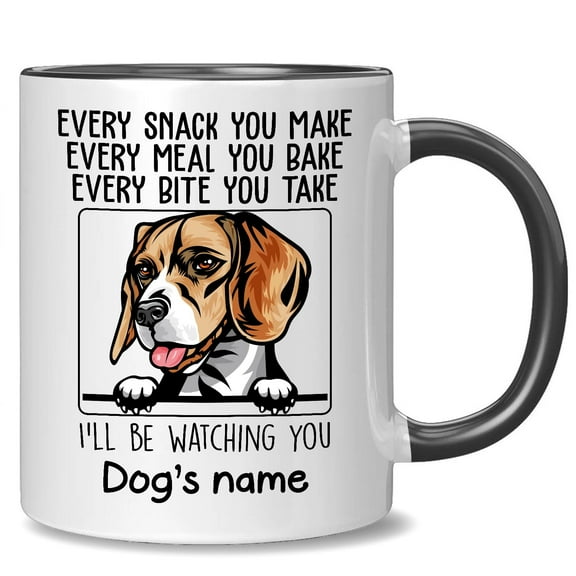 Personalized Beagle Accent Mug, Every Snack You Make I'll Be Watching You, Customized Dog Coffee Mugs for Mom Dad, Custom Dog's Name, Ideas Gifts for Mothers Day, Fathers Day