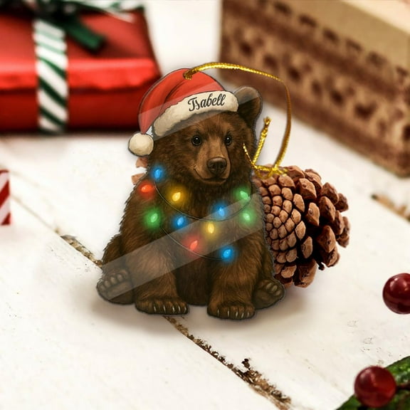 Personalized Bear Acrylic Christmas Ornament Custom Name, Cozy Forest Theme Holiday Tree Decor, Animal Lover Family Keepsake