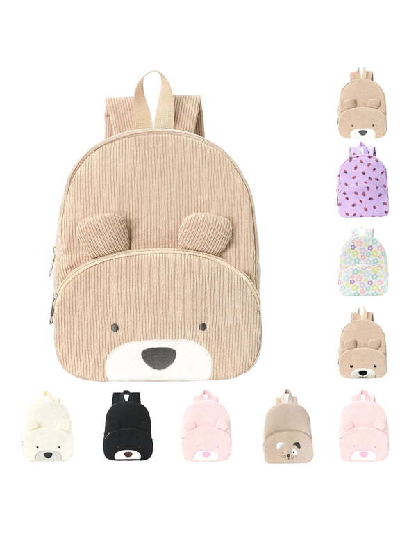 Personalized Bear Corduroy Backpack,Custom Leisure Cartoon Backpack , Large Capacity Cute Bear Bag,11.8" Kids Travel Daycare Bag, Lightweight Small Bookbag