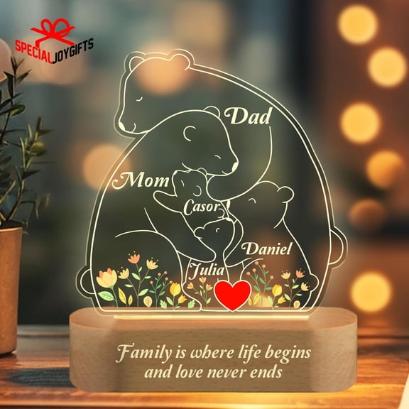 Personalized Bear Family Nightlight Custom Mama Bear Acrylic LED Table Lamp Rustic Home Interior Birthday Gift For Parents