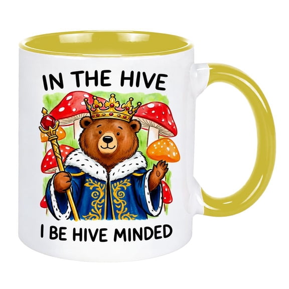 Personalized Bear In Mushroom Mug, Animal Accent Cup, Customized Funny Bear Ceramic Mug, Coffee Mug Tea Cup Woodland Hiking Camping Bear Cabin Woods Lodge Gift - Yellow