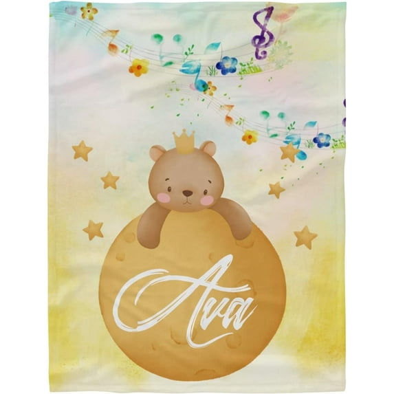 Personalized Bear Music Throw Blankets with Name Custom Fleece Blanket Tapestry for Sofa Bed Wedding Gifts 60x80inch