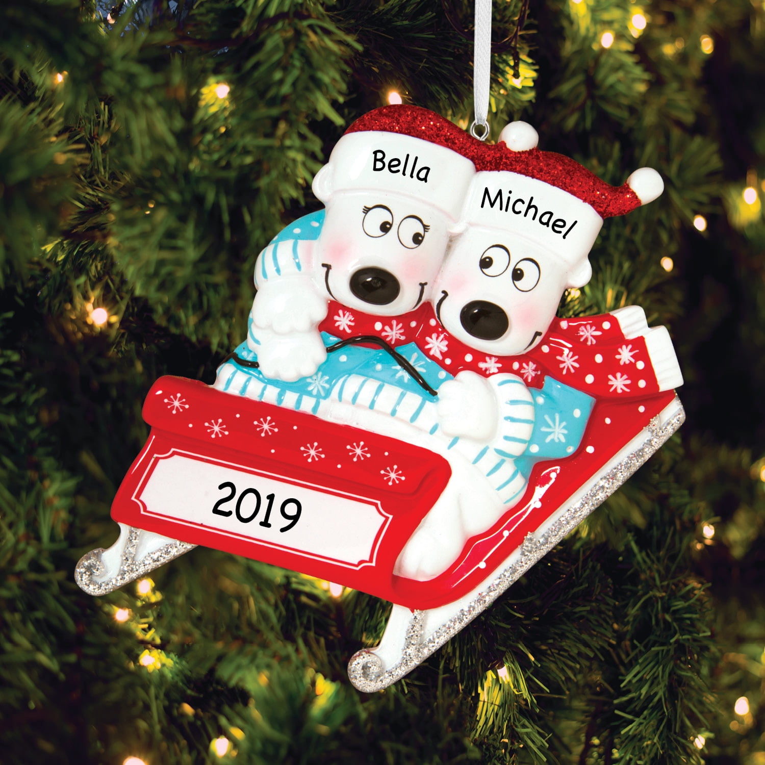 Personalized Bears on Sled Christmas Tree Ornament