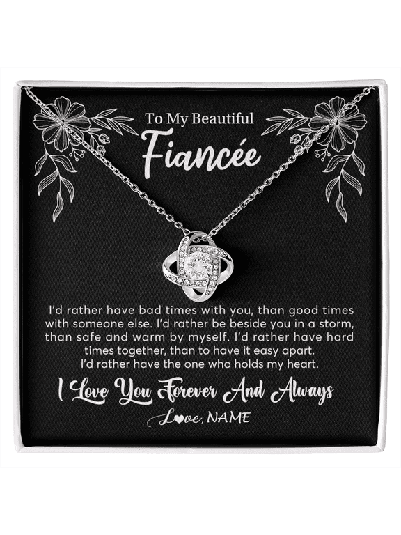 Personalized To My Beautiful Fiancee Necklace Gifts From Fiance I'd Rather Fiancee Birthday Idea Anniversary Valentines Customized Gift Box Message Card, Gold Love Knot Necklace