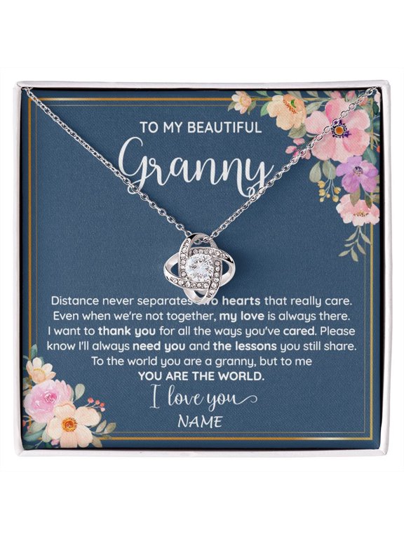 Personalized To My Beautiful Granny Necklace From Grandkids Granddaughter You Are The World Granny Birthday Mothers Day Customized Gift Box Message Card, White Love Knot Necklace