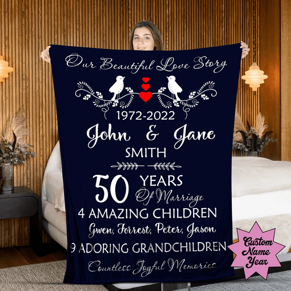 Personalized Our Beautiful Love Story 50 Years Of Marriage - 50th Anniversary Blanket - Custom Names & Dates - Golden Wedding Throw Blanket Keepsake - Sherpa-60x80
