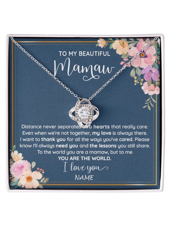 Personalized To My Beautiful Mamaw Necklace From Grandkids Granddaughter You Are The World Mamaw Birthday Mothers Day Jewelry Customized Gift Box Message Card, White Love Knot Necklace