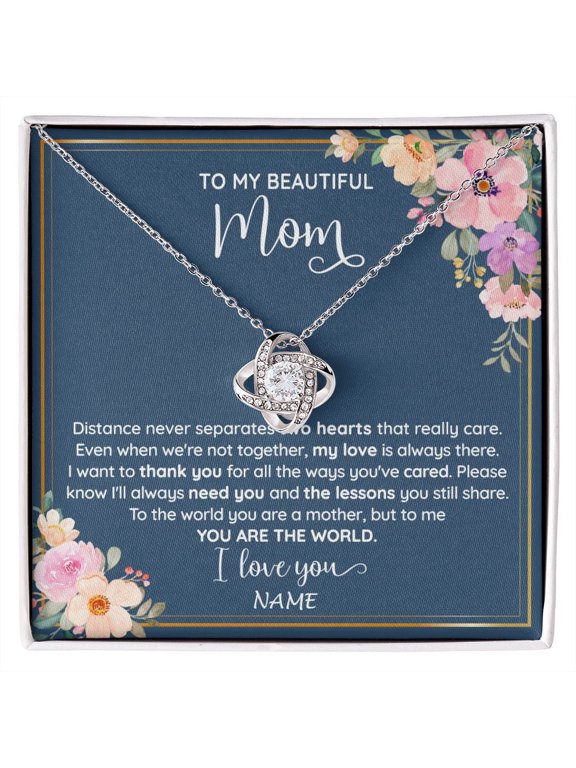 Personalized To My Beautiful Mom Necklace From Daughter Son You Are The World Mom Birthday Mothers Day Christmas Jewelry Customized Gift Box Message Card, White Love Knot Necklace