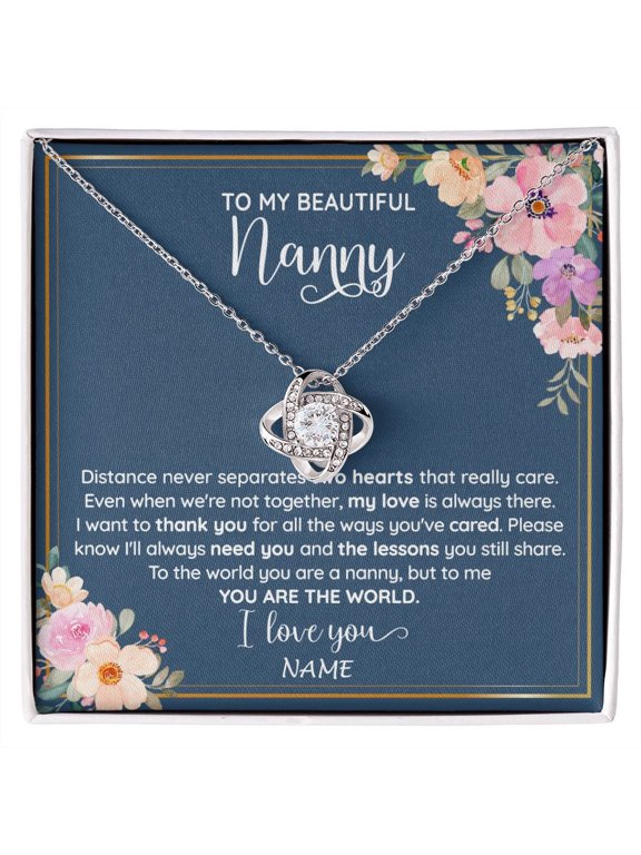 Personalized To My Beautiful Nanny Necklace You Are The World Nanny Birthday Mothers Day Christmas Jewelry Pendant Customized Gift Box Message Card, White Love Knot Necklace
