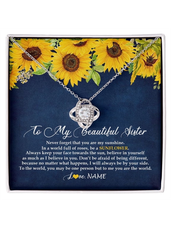 Personalized To My Beautiful Sister Necklace From Sister Brother Be A Sunflower My Sunshine Sister Birthday Christmas Customized Gift Box Message Card, White Love Knot Necklace
