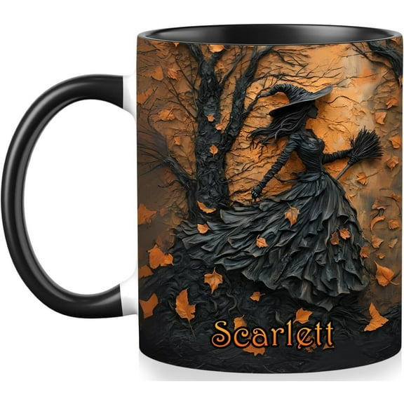 Personalized Beautiful Witch Accent Black Mug, Personalized Halloween Mug for Women Custom Witch Ceramic Mug, Customized Halloween Cup Gift for Her, Soul Sister, Best Friend, Woman