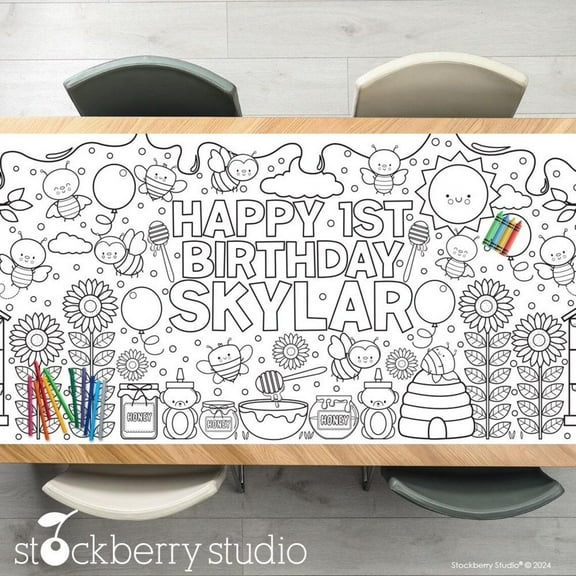 Personalized Bee Birthday Coloring Tablecloth - Custom Bumble Bee Party Decoration for First Birthday