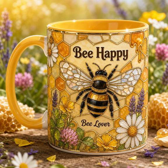 Personalized Bee Happy Honeycomb Ceramic Mugs Garden Lover Gift 11oz 15oz
