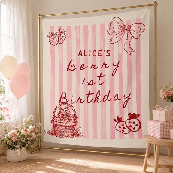 Personalized Berry Birthday Linen-Style Fabric Tapestry, Custom Name Strawberry Party Backdrop for Birthday Celebration Decor and Photo Booth