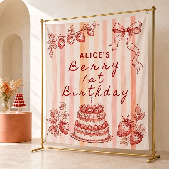Personalized Berry First Birthday Backdrop, Strawberry Birthday Party Decor, Custom Name P