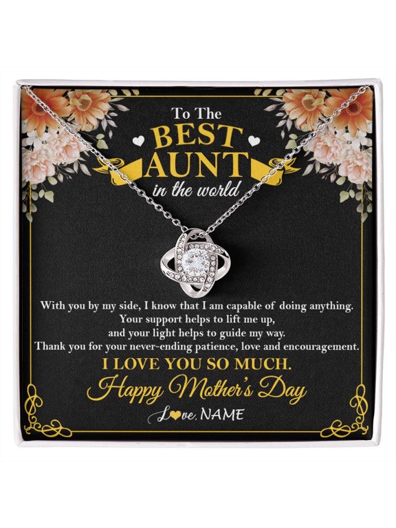 Personalized To The Best Aunt In The World Necklace From Niece NephewThank You I Love You So Much Aunt Happy Mothers Day Customized Gift Box Message Card, White Love Knot Necklace