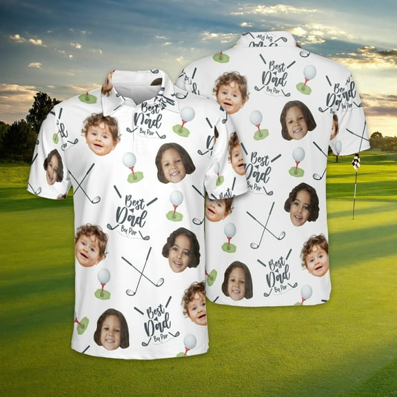 Personalized Best Dad By Par Polo Shirt With Kid Face Photo, Father's Day Gift, Custom Short Sleeve Golf Lovers Shirt, Dad Birthday Gift
