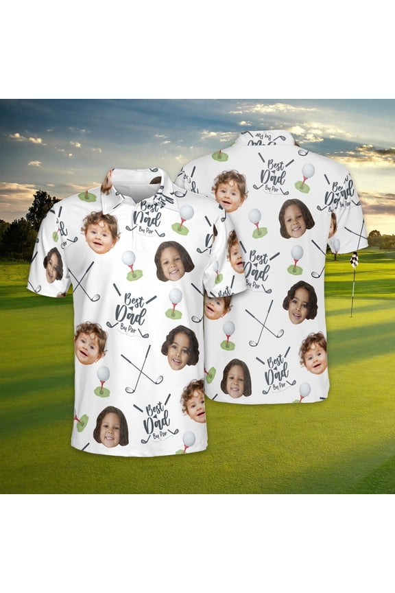 Personalized Best Dad By Par Polo Shirt With Kid Face Photo, Father's Day Gift, Custom Short Sleeve Golf Lovers Shirt, Dad Birthday Gift