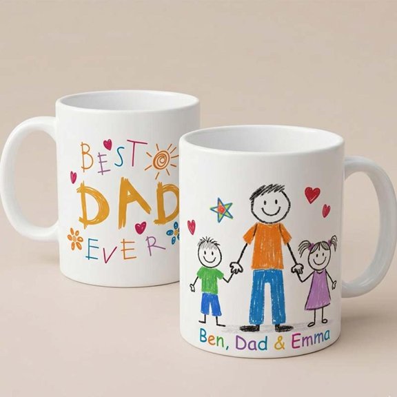 Personalized Best Dad Ever, Kids Drawing Style, AURORAVALLEY, 11oz-15oz Mug