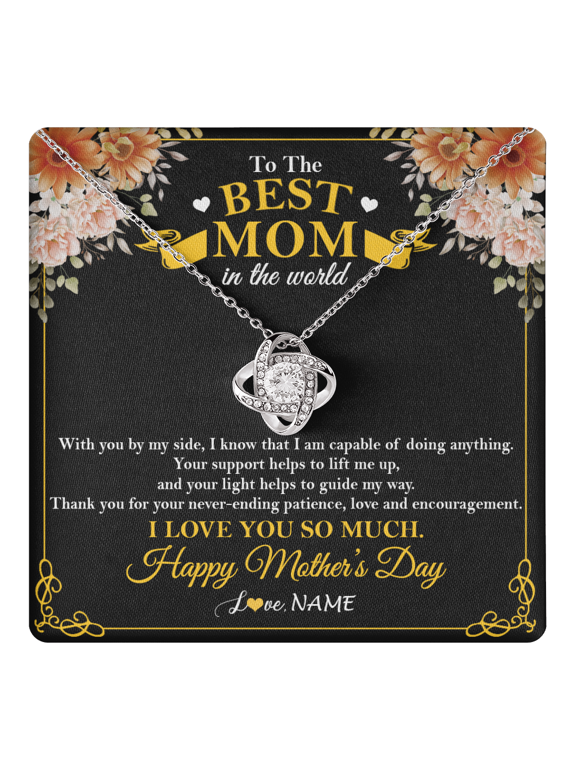 Personalized To The Best Mom In The World Necklace From Daugter Son Thank You I Love You So Much Mother Mom Happy Mothers Day Customized Gift Box Message Card, White Love Knot Necklace