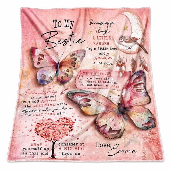 Personalized Bestie Butterfly Fleece Blanket, Custom Name Friendship Throw, Pink 3D Print Polyester Blanket