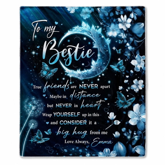 Personalized Bestie Fleece Blanket, Custom Name Friendship Throw, Blue Floral Butterfly 280gsm Polyester Blanket