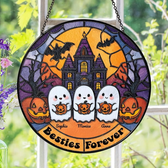 Personalized Besties Ghost Stained Glass Suncatcher, Custom Name Halloween Besties Forever Window Hangings, Fall Ghost Besties Suncatcher.