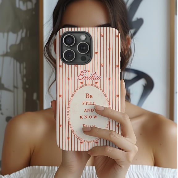 Personalized Bible Verse Phone Case, Custom Name Christian iPhone Case, Cute Bow Stripe Scripture Cover, Faith Gift for Her