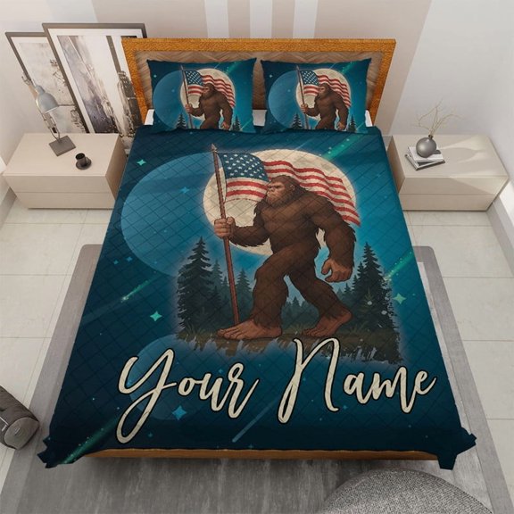 Personalized Bigfoot American Flag Quilt Bedding Set – Custom Name Patriotic Sasquatch Bed Set with Full Moon and Forest