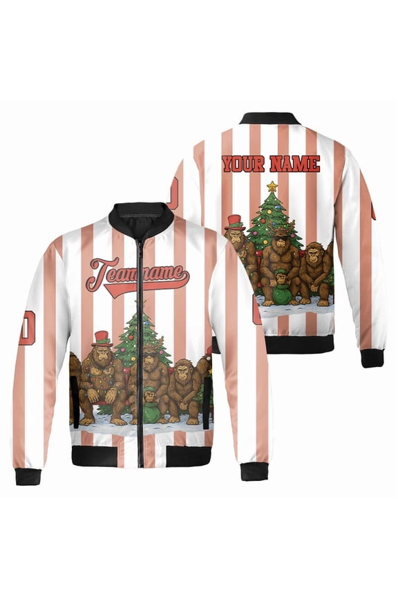 Personalized Bigfoot Family Christmas Lights Bomber Jacket – Custom Funny Sasquatch Winter Holiday, Merry Xmas Gift Outerwear