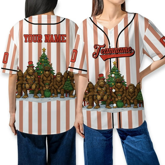 Personalized Bigfoot Santa Christmas Lights Baseball Jersey – Custom Team Name & Number Winter Holiday Merry Xmas Gift Shirt