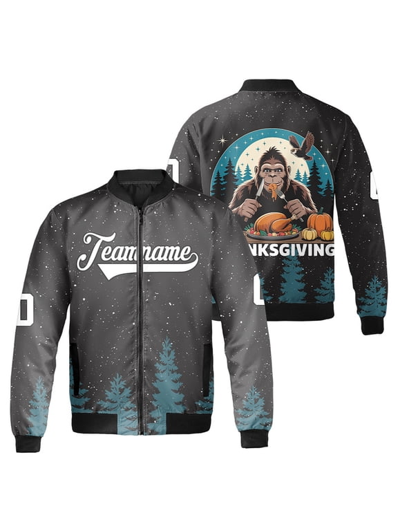 Personalized Bigfoot Thanksgiving Dinner Bomber Jacket – Funny Sasquatch Turkey Dinner Jacket – Holiday Fall Festival Outerwear For Turkey Day, Thanksgiving Day