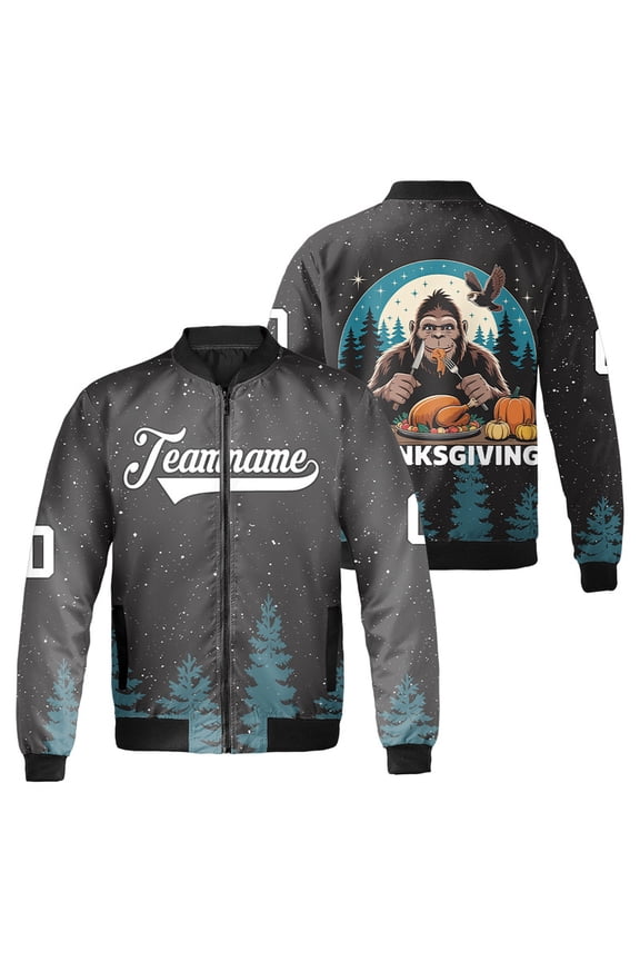 Personalized Bigfoot Thanksgiving Dinner Bomber Jacket – Funny Sasquatch Turkey Dinner Jacket – Holiday Fall Festival Outerwear For Turkey Day, Thanksgiving Day