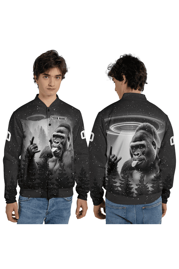 Personalized Bigfoot UFO Baseball Jacket – Funny Alien Sasquatch Graphic Baseball Jacket, Night Sky All Over Print Jacket