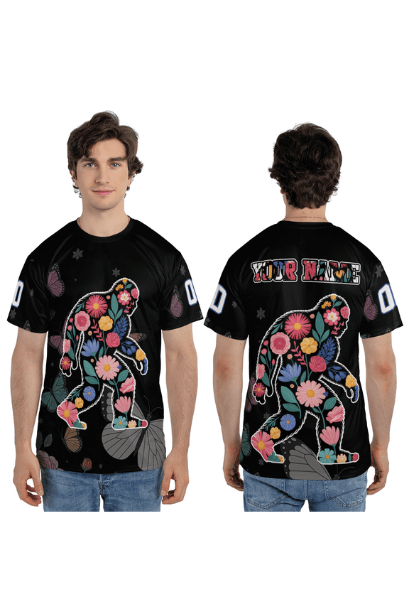 Personalized Bigfoot Walking 3D T-Shirt, Floral Colorful Sasquatch 3D Tee, Nature-Inspired Sasquatch Artwork 3D T-Shirt