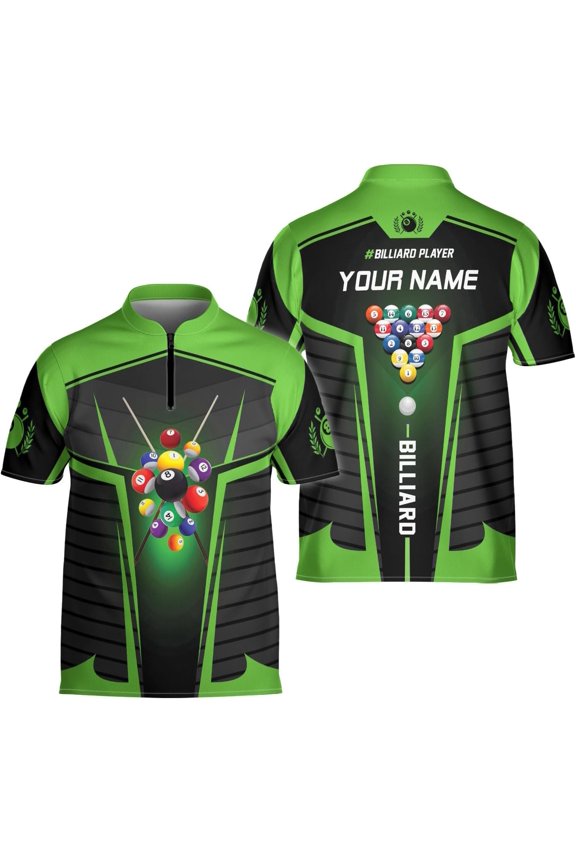 Personalized Billiard Jersey 3D Billiard Shirts for Men Billiard Bowling Jersey Billiards 9 Ball Pool Shirts for Men (Green, 2XL)