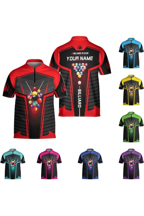 Personalized Billiard Jersey 3D Billiard Shirts for Men Billiard Bowling Jersey Billiards 9 Ball Pool Shirts for Men (Red, S)