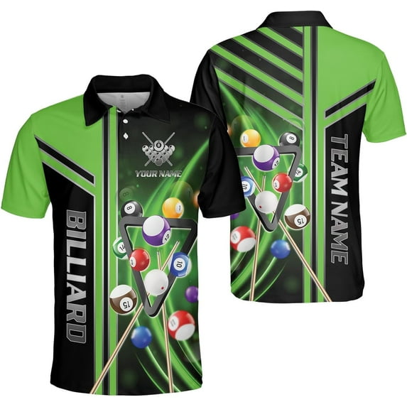 Personalized Billiard Polo Shirts, Billiards Shirts for Men, Pool Shirts, 3D Billiards 8 Ball Pool, Billiard Team (Green, 3XL)