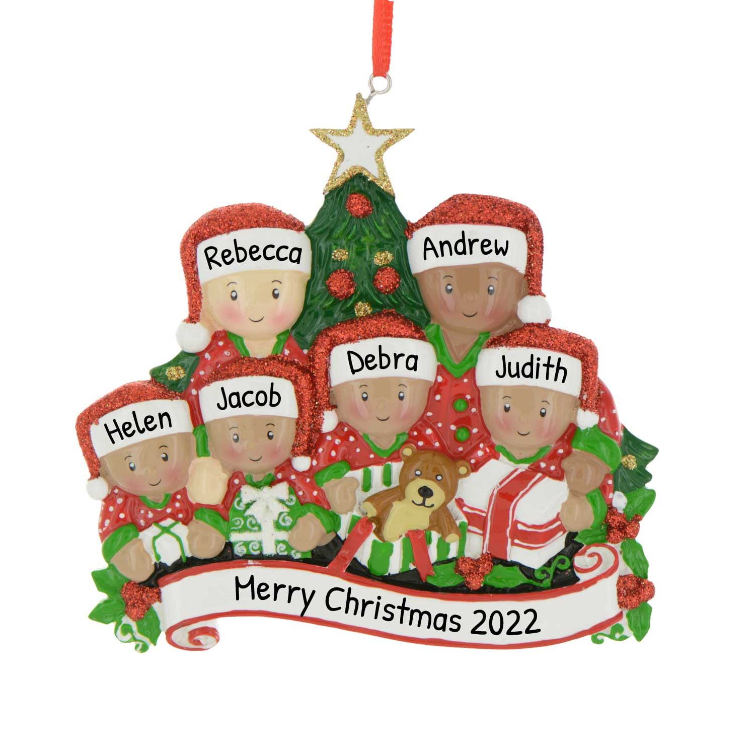 Personalized Biracial Family of 6 in Pajamas Christmas Ornaments 2024 ...