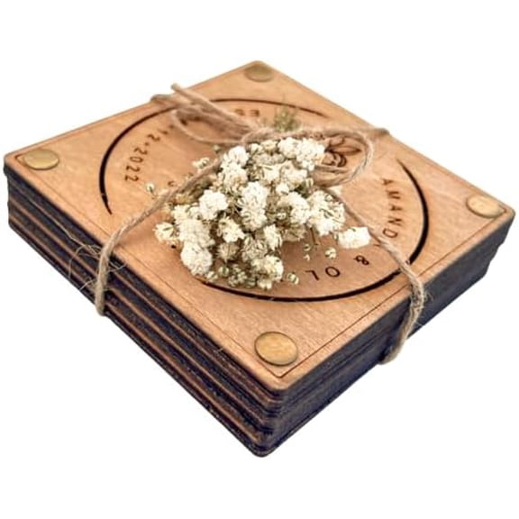 Personalized Birch Wood Coasters with Cork Backing Custom Wedding Gift for Couple, Anniversary or Housewarming Engraved Drink Coaster Set Favor in Bulk Rustic Decor