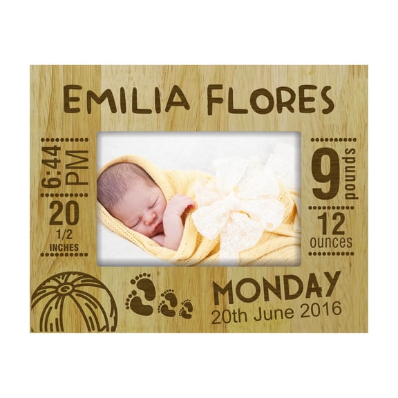 Personalized Birth Announcement Wood Engraved Picture Frame With Baby Name, Stats, Birth Information -5 x 7 Inches Horizontal
