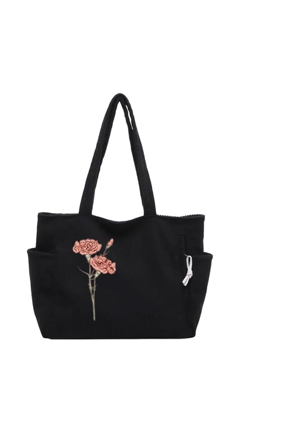 Personalized Birth Flower Corduroy Tote Bag for Women 4 Color Options Custom Name Large Size Shoulder Bag with Zipper and Pockets for Work Travel Shopping Daily Use