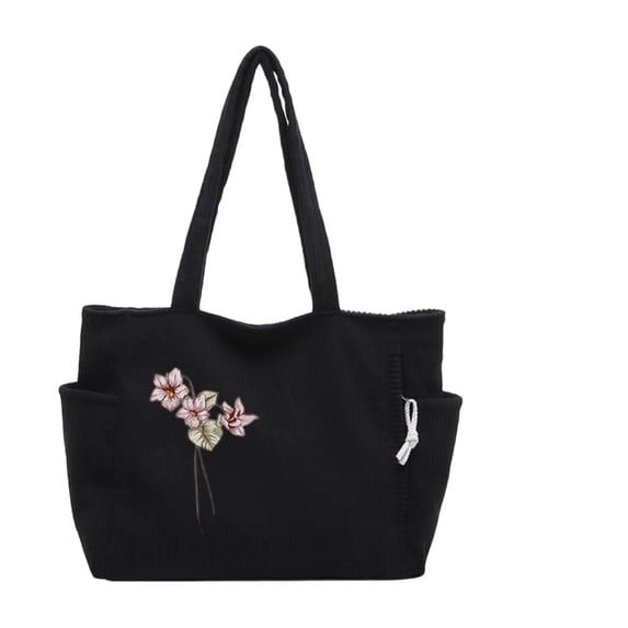 Personalized Birth Flower Corduroy Tote Bag for Women 4 Color Options Custom Name Large Size Shoulder Bag with Zipper and Pockets for Work Travel Shopping Daily Use